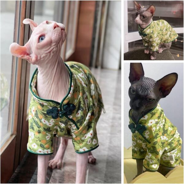 Traditional Culture Sphynx Hairless Cat Cotton T-Shirts Cat Clothes Pet Sweater Cat Vest Pet Clothes Kitten Shirts Cats & Small Dogs Apparel (White Petunia Chi-Pao, L (7.5-8.8 lbs)) - Image 2