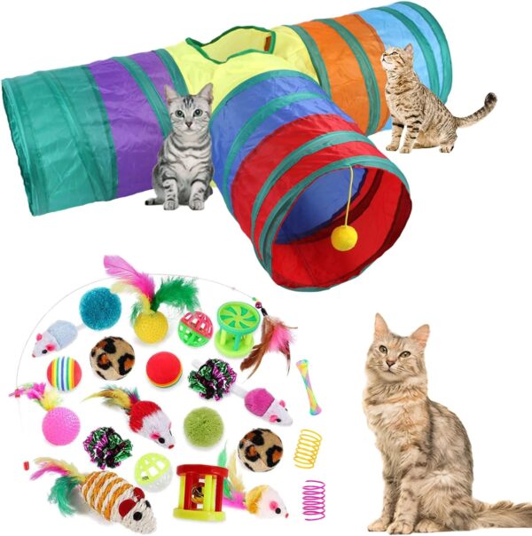 32Pcs Cat Toys Kitten Interactive Pet Toys Assortments, Foldable Rainbow Tunnel, Teaser Wand Fluffy Mouse Crinkle Balls Bell Play for Puppy Kitty (3 way)