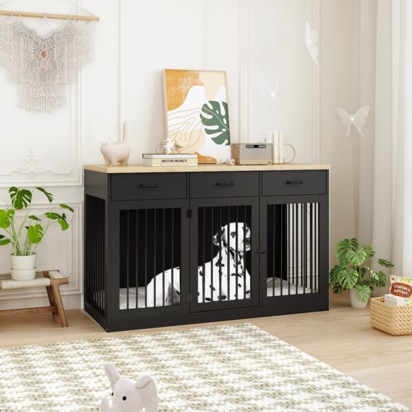 Extra Large Dog Crate Furniture with 3 Drawers, Indoor Heavy Duty Dog Kennel House, 55.3" Furniture Style Dog Crate Side End Table TV Stand for XL Large Medium Breed Dogs, Black - Image 3