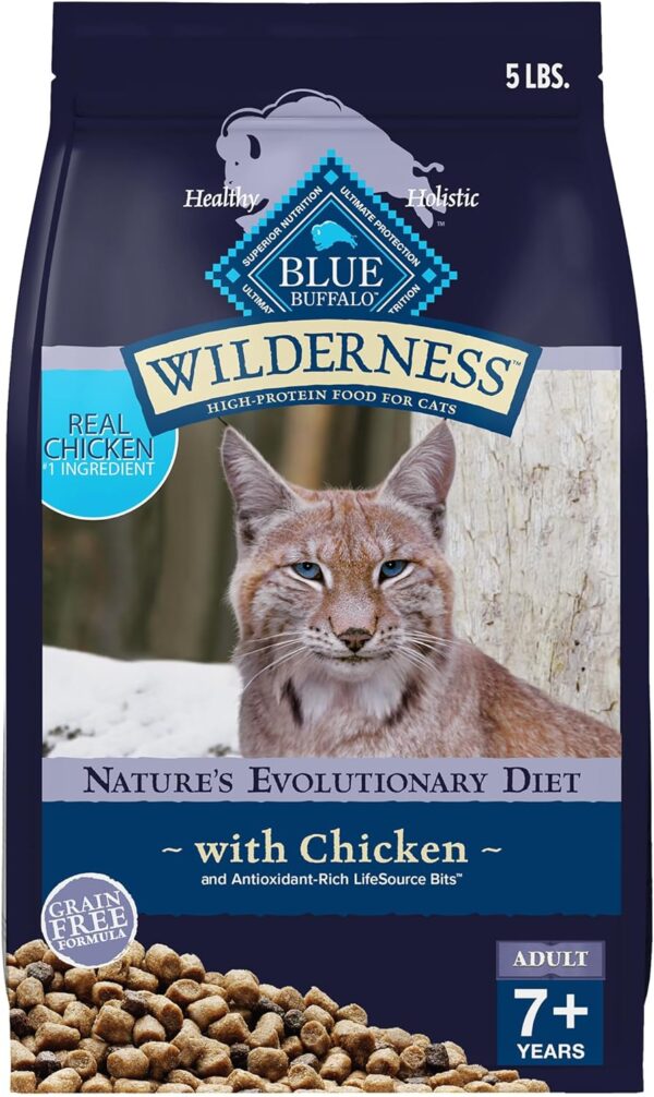 Blue Buffalo Wilderness Natural Mature Dry Cat Food for Cats 7+ Years, High-Protein and Grain-Free Diet, Supports Immune System Health and Energy to Stay Active, Chicken, 5-lb. Bag