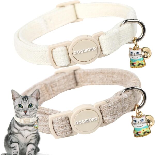 Cat Collar,2 Pack White Hemp Cat Collars Breakaway with Bell, DOGWONG Safety Buckle Wedding Cat Collar for Girl Boy Cats and Small Dogs，Adjustable 7-12 Inch,Pet Supplies Accessories