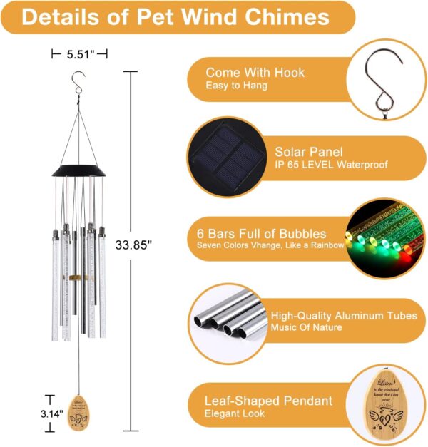 Solar Pet Memorial Wind Chime, Dog Memorial Gifts for Loss of Dog, Rainbow Bridge Pet Memorial Gifts, Loss of Dog Sympathy Gift, in Memory of Dog Cat, 6 LED Tubes Color Changing Rainbow, 33" - Image 5