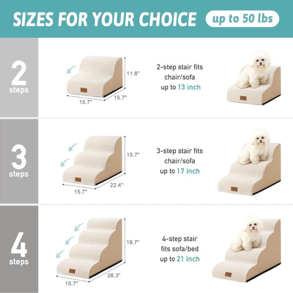 High Density Foam Dog Stairs Step Ramp for Dogs Cats 3 Tiers Pet Stairs Step Ramp for Beds Furniture Durable Non-Slip Dog Ramp for Bed with Waterproof Fabric Cover Light Khaki (Three Steps) - Image 2