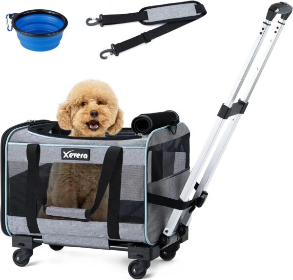 Cat Dog Carrier with Wheels Airline Approved Rolling Pet Carrier with Telescopic Handle, Shoulder Strap and Pet Bowl, Grey