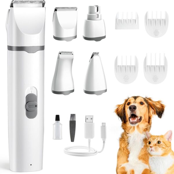 Dogs Hair Clippers Grooming Kit with Nail Grinder, 4 in 1 Cordless Electric Trimmer Low Noise USB Pet Clippers for Dogs Cat,Grooming Paws, Eyes, Ears, Face,Matted Hair