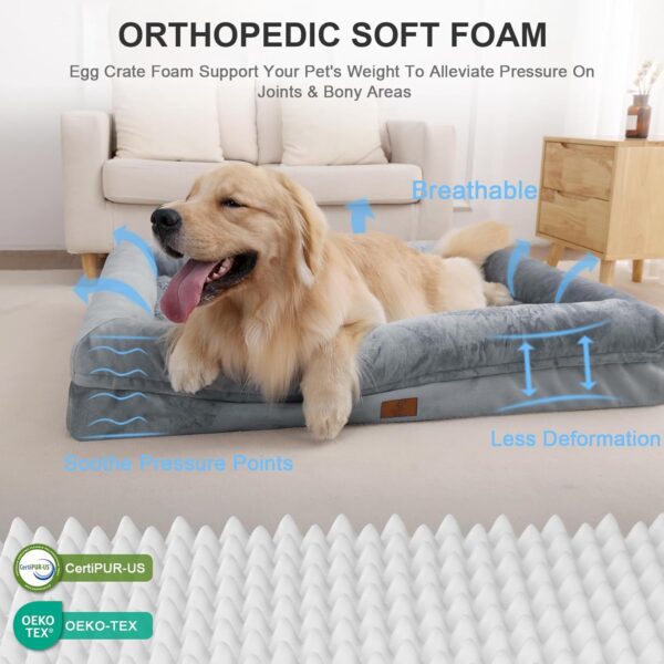 Large Dog Bed, Grey Orthopedic Dog Bed, Waterproof Dog Bed with Removable Cover, 4-Sides Removable Bolster Dog Soft Sofa Bed with Nonskid Bottom, Washable Dog Beds for Large Dogs - Image 2