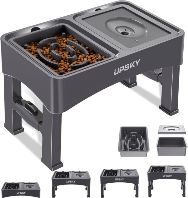 UPSKY 2-in-1 Elevated Dog Bowls Slow Feeder, 4 Height Adjustable Raised Dog Bowl Stand No Spill Dog Water Bowl Dispenser, Anti-Slip Dog Food and Water Bowl for Small Medium Dog