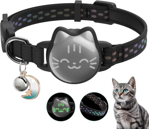 Waterproof Airtag Cat Collar, Breakaway Cat Airtag Collar with Luminous & Reflective Fish Pattern, Lightweight Kitten Collar for Apple Air tag, Hidden GPS Tracker Holder for Cats, Kittens(9-13")