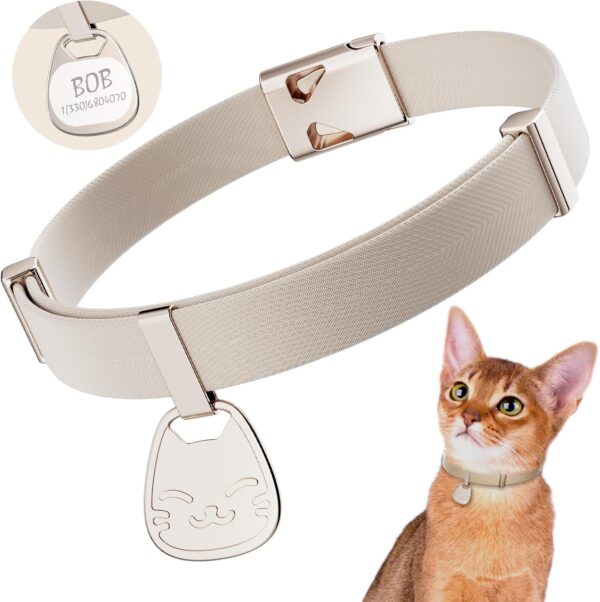 Cat Collar with Name Tag Breakaway: Kitten Collars for Girl Boy Cats with Writable Name Tags, Ultra Soft & Elastic Adjustable (6"-12") Cat Collar with Break Away Safety Buckle, Khaki