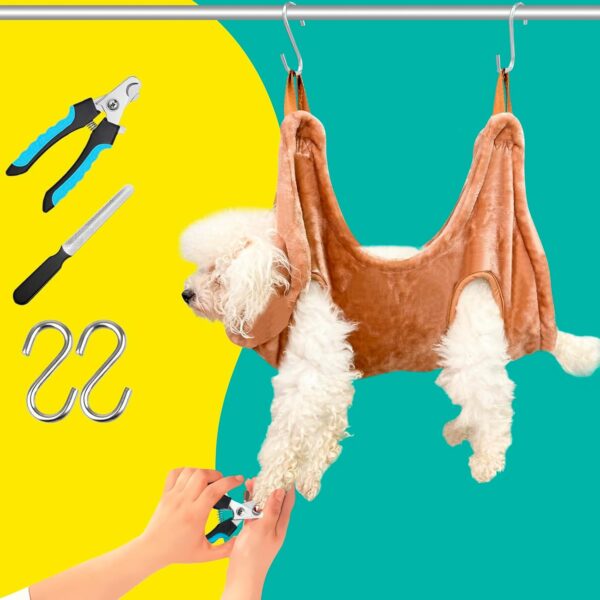 WSCXSC Dog Grooming Kit, Dog Grooming Supplies, Dog Grooming Hammock, Dog Grooming Harness, Dog Nail Clippers, Dog Nail Grinder, Hooks, Dog Hammock Kit for Nail Trimming/Hair Trimming(Coffee, S)