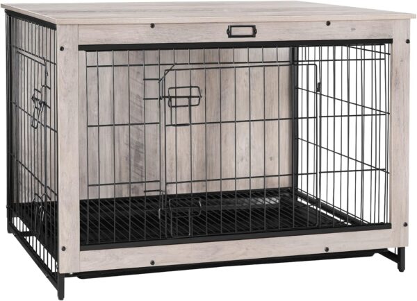 HOOBRO Dog Crate Furniture, 38.6" Large Dog Kennel Indoor, Wooden Dog Crate with Pull-Out Tray, Double Doors Dog House, Modern Side End Table for Small/Medium/Large Dog, Greige BG982GW03