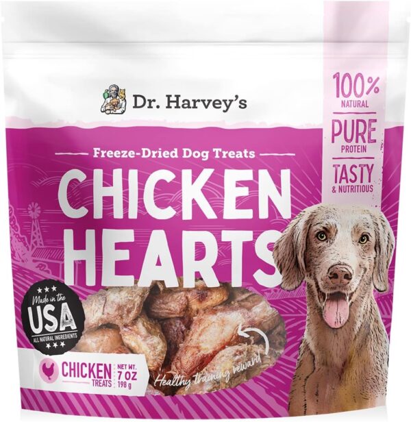 Dr. Harvey's Chicken Hearts Freeze Dried Training Dog Treats with Real Chicken Hearts for Dogs, 7 Ounces