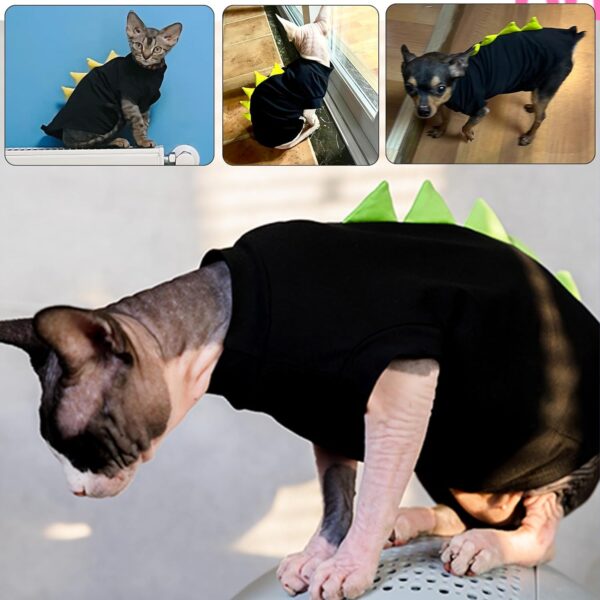 DENTRUN Sphynx Cat Clothes, Cute Dinosaur Design Hairless Cat Costume, Breathable Cotton Shirts Cat Clothes for Cats Only, Round Collar Kitten Daily T-Shirts with Sleeves, Cats Funny Cosplay Apparel - Image 6