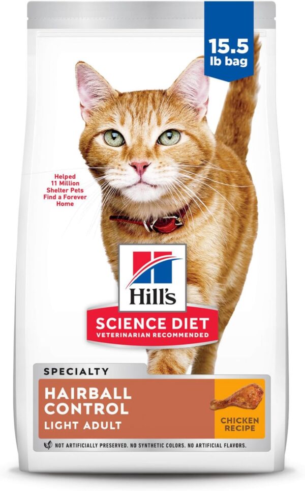 Hill's Science Diet Hairball Control Light, Adult 1-6, Weight Management & Hairball Control Support, Dry Cat Food, Chicken Recipe, 15.5 lb Bag