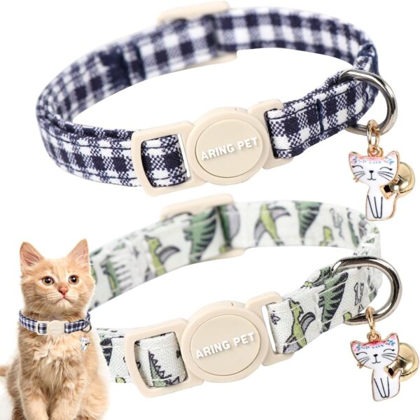 ARING PET 2 Pack Cat Collar-Cute Cotton Cat Collar with Bell & Pendant, Adjustable Dinosaur Kitten Collars with Safety Buckle for Girl and Boy Pets