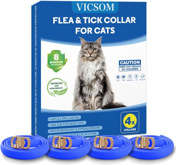 4 Pack Flea Collar for Cats, Cat Flea and Tick Collar 8 Months Cat Flea and Tick Treatment Prevention, Waterproof Adjustable Cat Kitten Flea Collar, Natural Anti Tick and Flea Collar for Cat, Blue