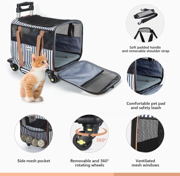 Lekereise Cat Carrier with Wheels for Small Pet, Airline Approved Dog Carrier with Wheels, Rolling Dog Cat Carrier, Stripes - Image 5