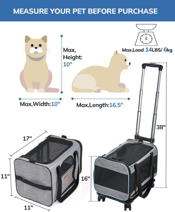 Morpilot Cat and Dog Carrier with Detachable Wheels - Airline Approved Rolling Carrier for Small Pets and Cats - Foldable Pet Travel Bag - Image 4