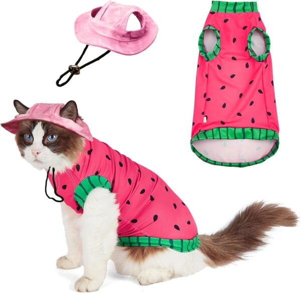 Sphynx Cat Watermelon Shirt &Sun Hat for Summer, Cooling Breathable UPF 50+ Shirt for Cats & Small Dogs Apparel, Shirt and Hat Set for Cats (L (5.5-8lbs)) - Image 5