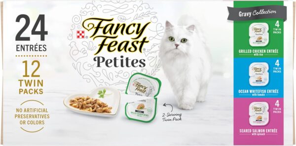 Purina Fancy Feast Gourmet Wet Cat Food Variety Pack, Petites Gravy Collection, break-apart tubs, 24 servings - (Pack of 12) 2.8 oz. Tubs