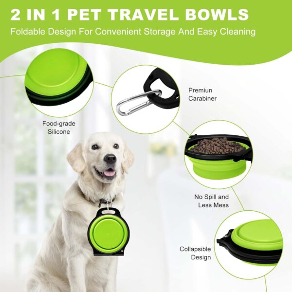 Collapsible Silicone Cat and Dog Travel Bowls,2 in 1 Foldable Pet Feeding and Watering Dish for Walking Camping Hiking with Carabiner (Green) - Image 4