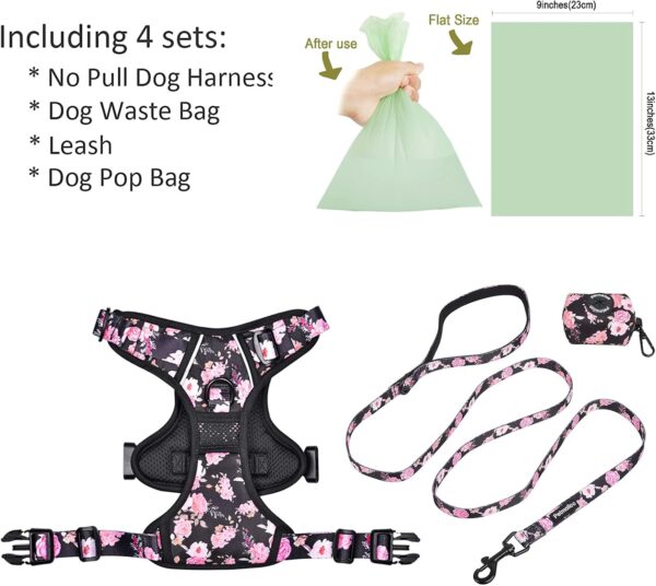 Petmolico No Pull Dog Harness Set, 2 Leash Attchment Easy Control Handle Reflective Vest Dog Harness Medium Breed, Medium Dogs Harness and Leash Set with Poop Bag Holder, Medium Pink Rose - Image 6