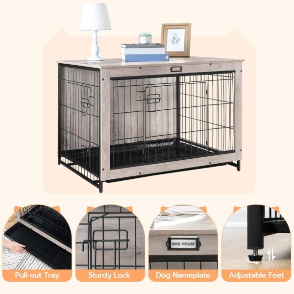 HOOBRO Dog Crate Furniture, 38.6" Large Dog Kennel Indoor, Wooden Dog Crate with Pull-Out Tray, Double Doors Dog House, Modern Side End Table for Small/Medium/Large Dog, Greige BG982GW03 - Image 3