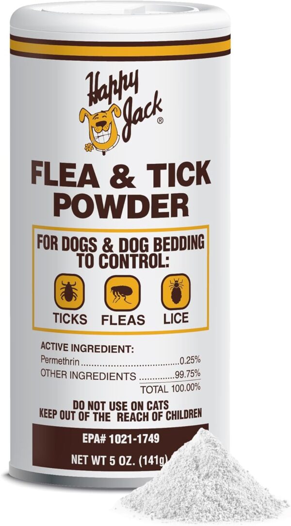 Happy Jack Flea and Tick Powder for Dogs & Puppies, Flea Powder for Carpets, Flea Treatment & Control, Kills Fleas, Ticks & Lice, Odorless & Non-Staining, Dust on Sleeping Quarters & Furniture (5 oz)