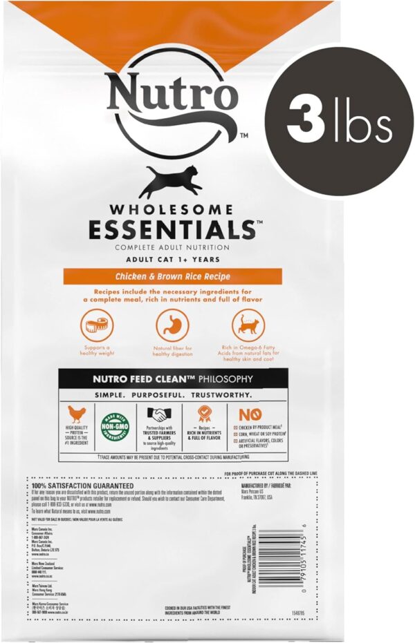 NUTRO WHOLESOME ESSENTIALS Adult Indoor Natural Dry Cat Food for Healthy Weight Farm-Raised Chicken & Brown Rice Recipe, 3 lb. Bag - Image 2