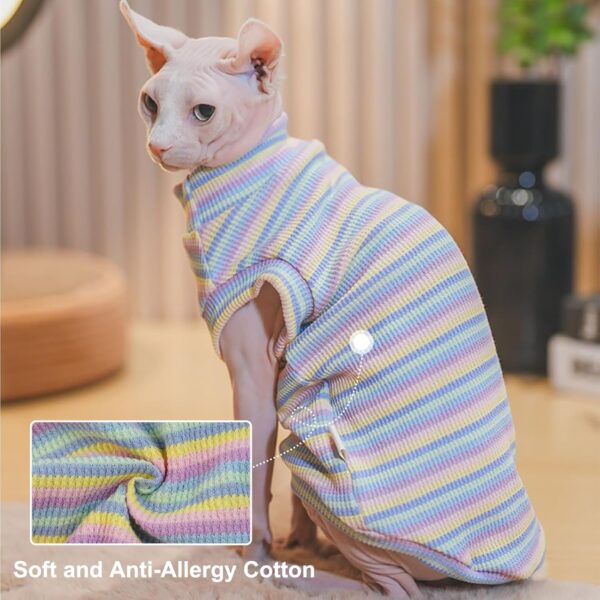 Sphynx Hairless Cats Shirt Rainbow Stripe Kitten T-Shirts with Sleeves, Cat Turtleneck Stretchy Cat Sweater, Pullover Cat Pajamas Jumpsuit, Round Collar Vest for Sphynx, Devon, Cornish Cat Clothes - Image 3