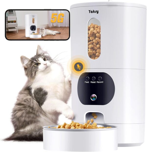 Automatic Cat Feeders Camera 5G: WiFi Easy to Clean Timed Smart Dog Food Dispenser 2-Way Audio Memory Function Pet Feeder HD 1080P Video Record APP Control Dry Food Clear Night Vision Yakry