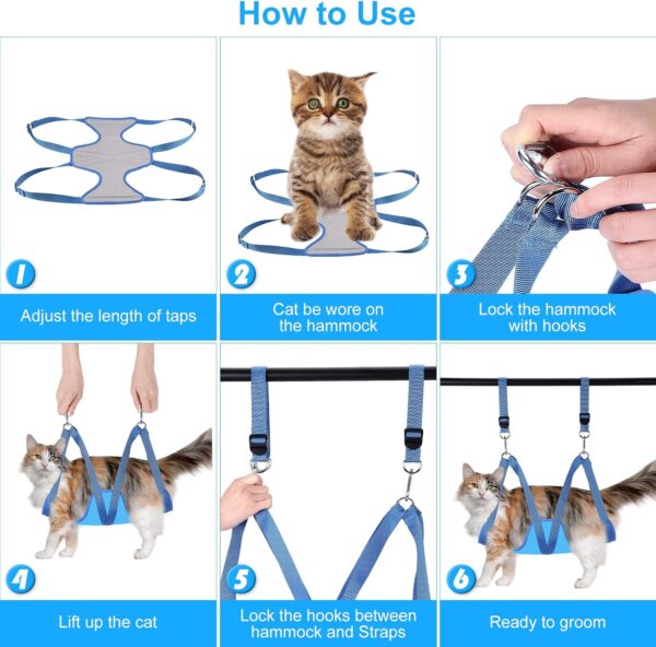 Cat Grooming Hammock, Pet Grooming Harness for Dogs&Cats, Multi Hammock Restraint Bag with Adjustable Grooming Loop/Stainless D-Hooks/Nail Clippers/Trimmer/Nail File for Pet Nail Trimming, Care (XS) - Image 6