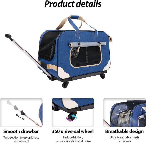 GJEASE Large Pet Rolling Carrier with Wheels for Up to 35 LBS(Upgrade Material-Sponge Filling),with Durable Handle and Flexible Wheels,Breathable and Collapsible Carrier for Small & Medium Pets - Image 5