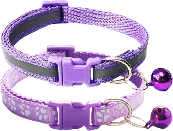 CHBORCHICEN 2-Pack Footprint & Reflective Cat Collar with Bell Basic Dog Cat Collar Buckle Adjustable Polyester Cat Dog Collar or Seatbelts (X-Small, Light Purple)