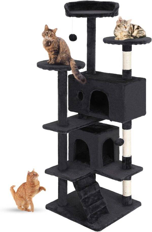 FDW Cat Tree 54in Cat Tower Multi-Level Durable Cat Scratching Post & Cozy Fun Cat Jumping Platform Space Saving Cat Condo Pet Play House for Indoor Cats,Dark Gray