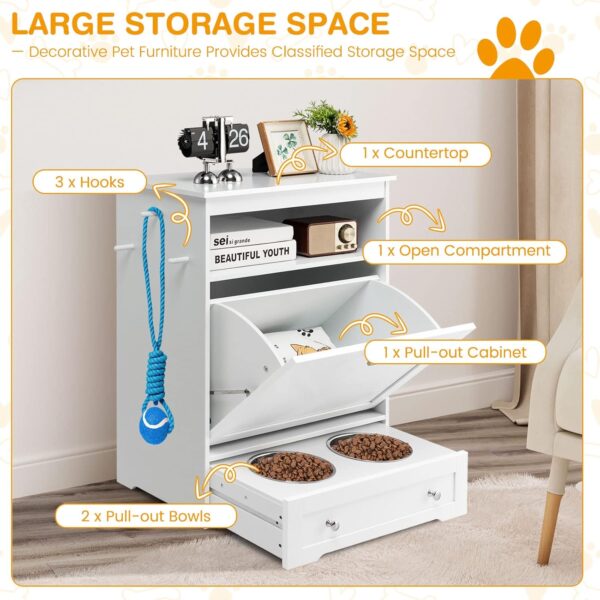 Tangkula Pet Feeder Station, Dog Food Storage Container with Double Pull Out Dog Bowls, Pet Food Toy Organizer Cabinet, Pet Feeding Station Furniture for Dogs Cats Feeding & Watering Supplies (White) - Image 4