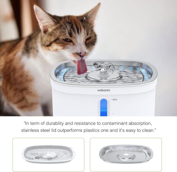 Cat Water Fountain with Stainless Steel Top, 2.5L Pet Water Fountain with Led Light and Water Level Window - Image 3