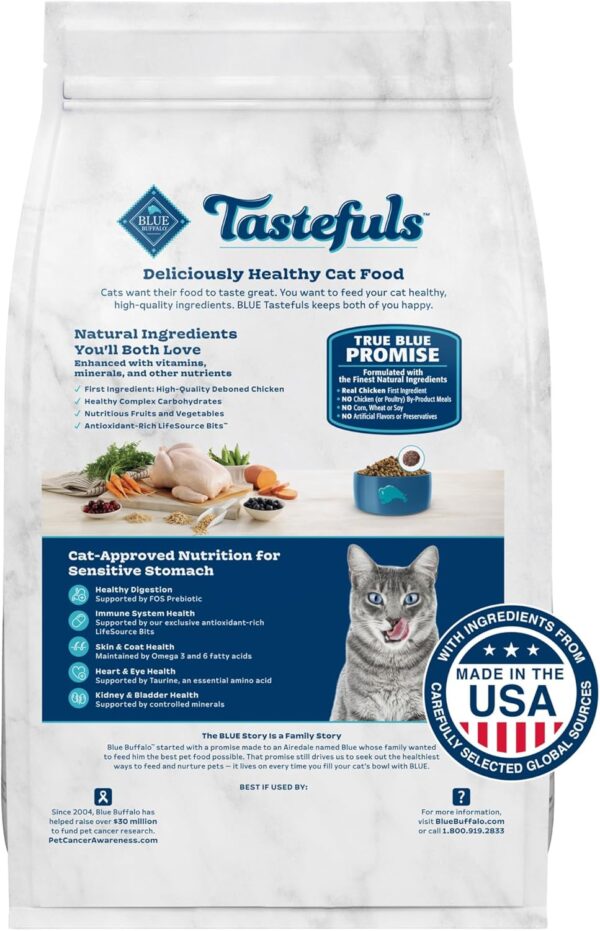 Blue Buffalo Tastefuls Natural Dry Food for Adult Cats, Sensitive Stomach, Chicken & Brown Rice Recipe, 15-lb. Bag - Image 2