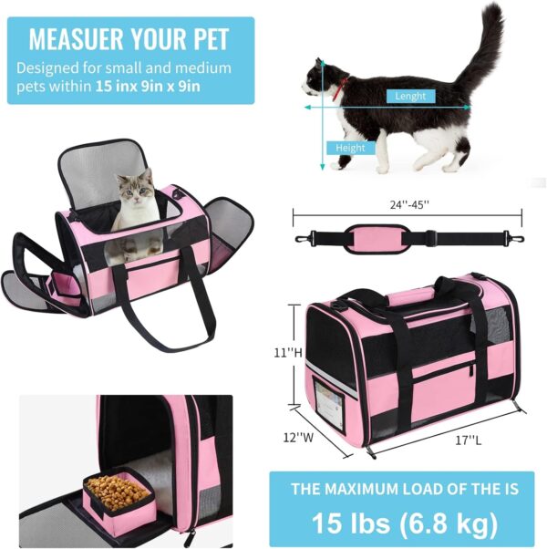 Cat Carrier Pet Carrier Airline Approved for Small Dogs Medium Cats Puppies 15 Lbs Dog Carrier with Reflective Strip, Collapsible Soft Sided Dog Travel Carriers - Pink - Image 2