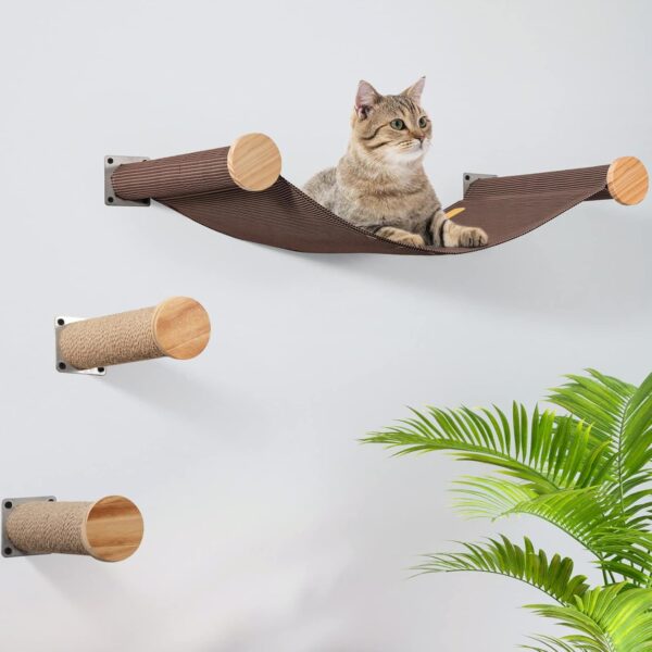 Cat Hammock Wall Mounted Large Cat Perch with 2 Cat Wall Steps - Cat Wall Shelves for Indoor Cats or Kitty - Premium and Modern Cat Furniture for Sleeping, Playing, Climbing (Brown)