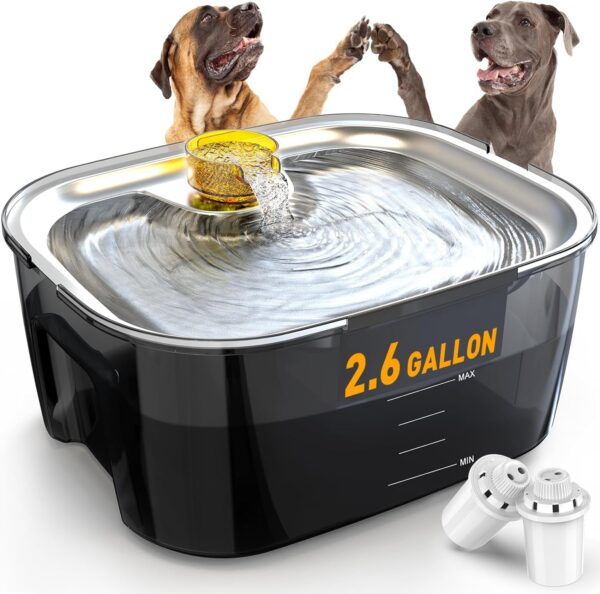 Large Dog Water Fountain for Large Dogs 2.6 Gallon,SwSun 10L Automatic Dog Water Bowl Dispenser Big Cat Pet Water Fountain Inside with Stainless Steel Filtered Drinking Bowl Safe Pump for Multiple Pet