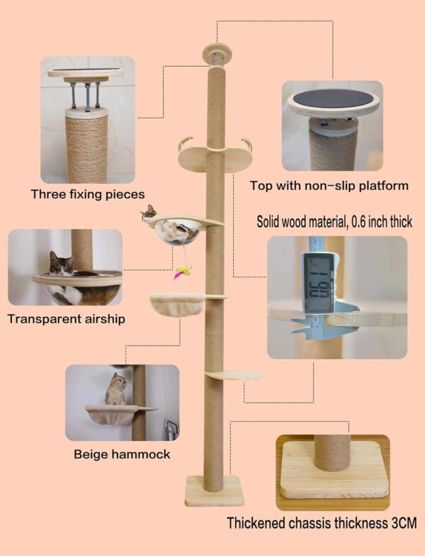 Cat Tree Floor to Ceiling Natural Sisal Rope Scratching Post Height:55.52-118.5 Inches Adjustable Cat Tree Cat Modern Activity Tree - Image 5