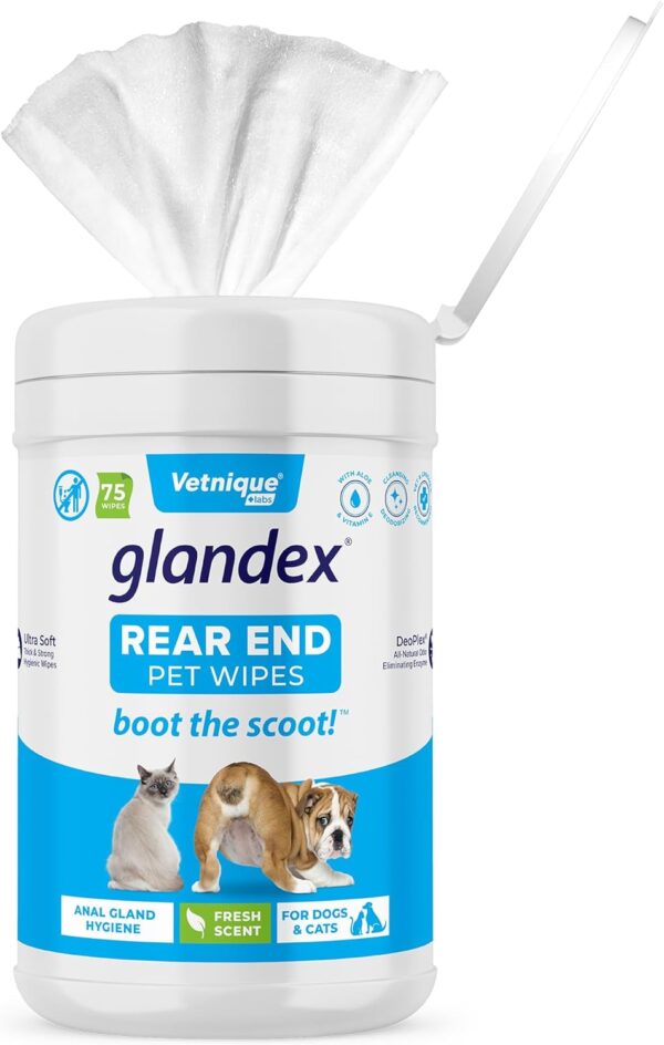 Vetnique Labs Glandex Dog Wipes for Pets Cleansing & Deodorizing Anal Gland Hygienic Wipe​s for Dogs & Cats with Vitamin E, Skin Conditioners and Aloe (75ct)