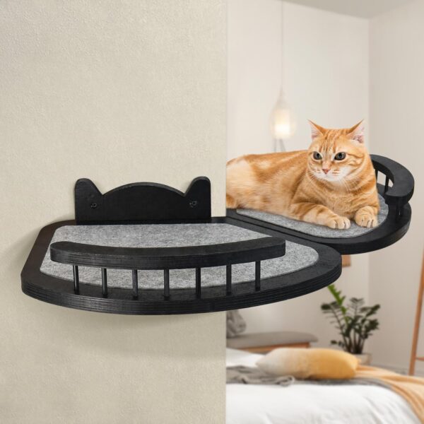 Cat Wall Furniture Wall Mounted, 2PCS Cat Shelves and Cat Perches for Wall with 3 Cat Wall Steps and Scratching Pad, Cat Climbing Condo Fit Cat Up to 15Lbs, Wood Cat Hammock Wall Mount (Black) - Image 3