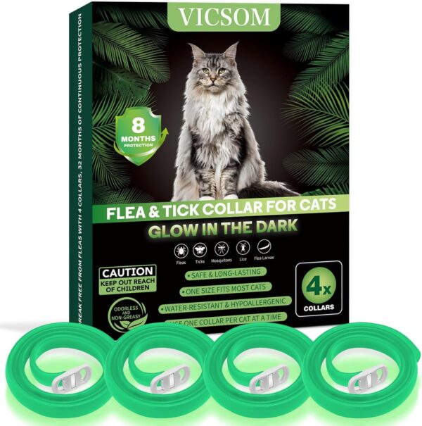 4 Pack Flea Collar for Cats, Cat Flea and Tick Collar Glow in Dark, 8 Months Prevention Cat Flea and Tick Treatment, Waterproof Adjustable Cat Flea Collar, Tick and Flea Collar for Kitten Cat, Green