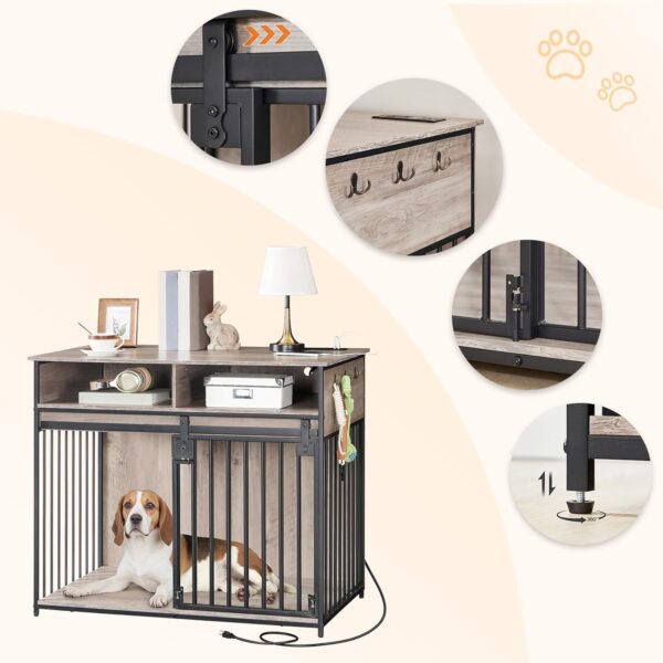 HOOBRO Dog Crate Furniture with Drawers, 39.4" Wooden Dog Kennel Indoor with Charging Station, Heavy Duty Dog Crate with Sliding Barn Door for Medium/Large Dog, Greige and Black BG182UGW03 - Image 9