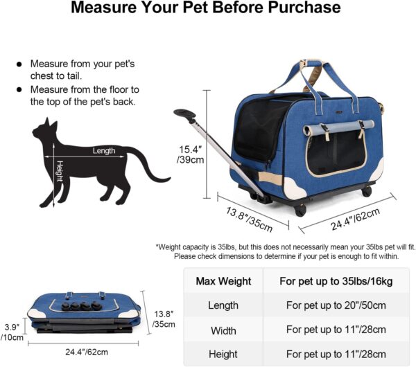 GJEASE Large Pet Rolling Carrier with Wheels for Up to 35 LBS(Upgrade Material-Sponge Filling),with Durable Handle and Flexible Wheels,Breathable and Collapsible Carrier for Small & Medium Pets - Image 2