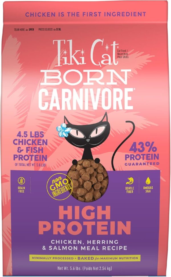 Tiki Cat Born Carnivore High Protein, Chicken, Herring & Salmon Meal, Grain-Free Baked Kibble to Maximize Nutrients, Dry Cat Food, 5.6 lbs. Bag