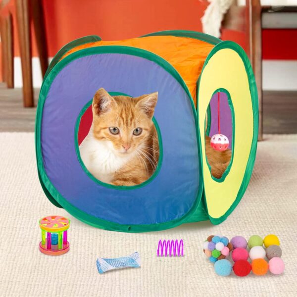 Retro Shaw Cat Toys Set 33 PCS, Interactive Cat Kitten Toys for Indoor Cats Kitty with Collapsible Cat Play Tunnel Tube Tent Cat Feather Wand Teaser Cat Bell Fuzzy Ball Springs Mouse Toys - Image 5