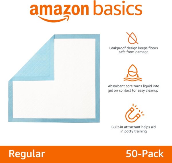 Amazon Basics Dog and Puppy Pee Pads with Leak-Proof Quick-Dry Design for Potty Training, Heavy Duty Absorbency, Regular Size, 24 x 23 Inches, Pack of 50, Blue & White - Image 2